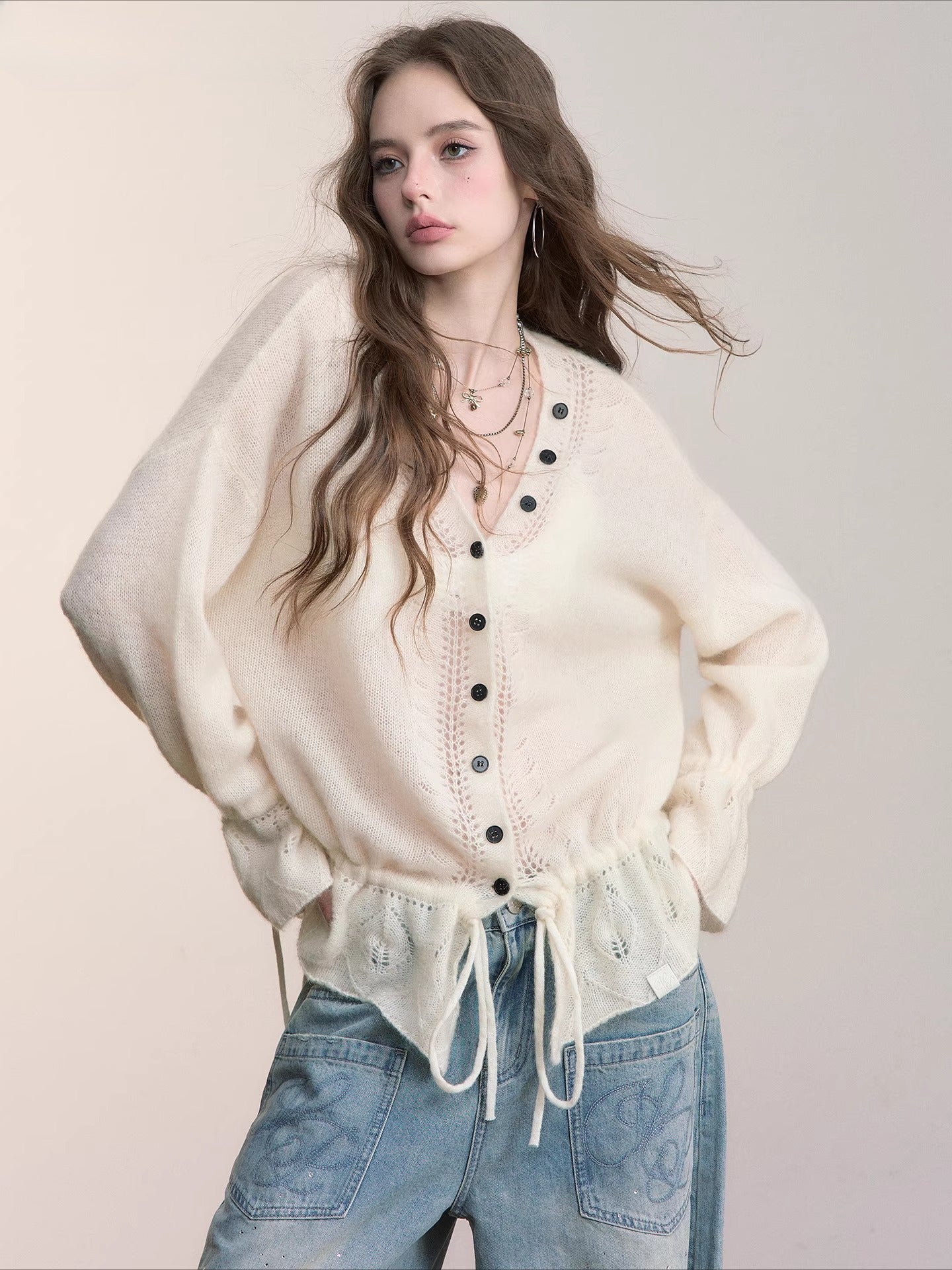 Brown &amp; Off-white Drawstring Knit Cardigan