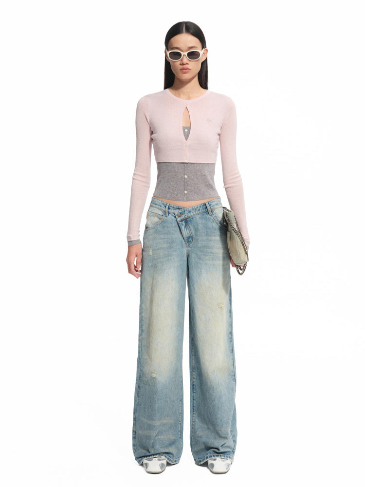 Fake Two-piece Layered Contrast-color Top