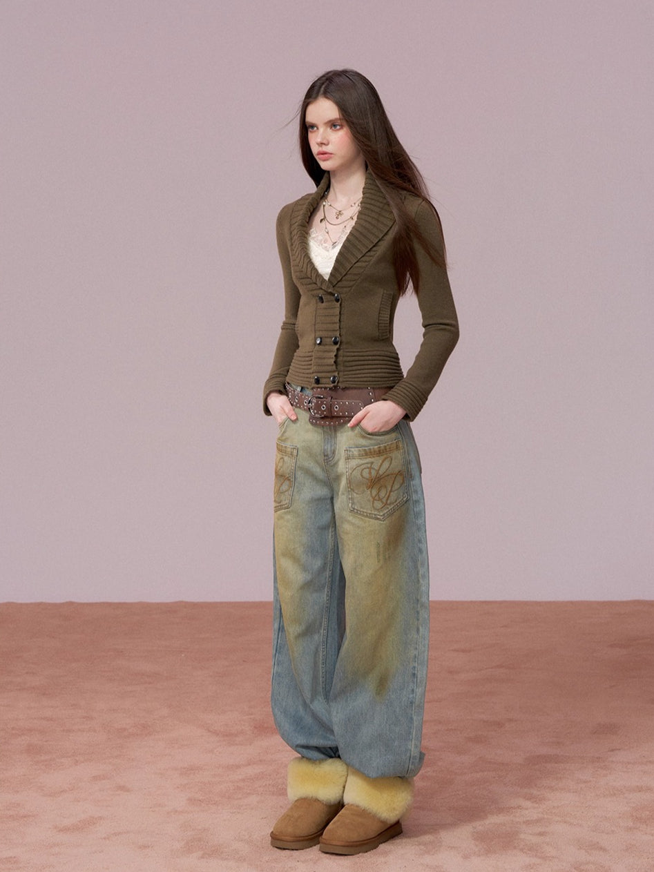 V-neck Double-breasted Knit Sweater