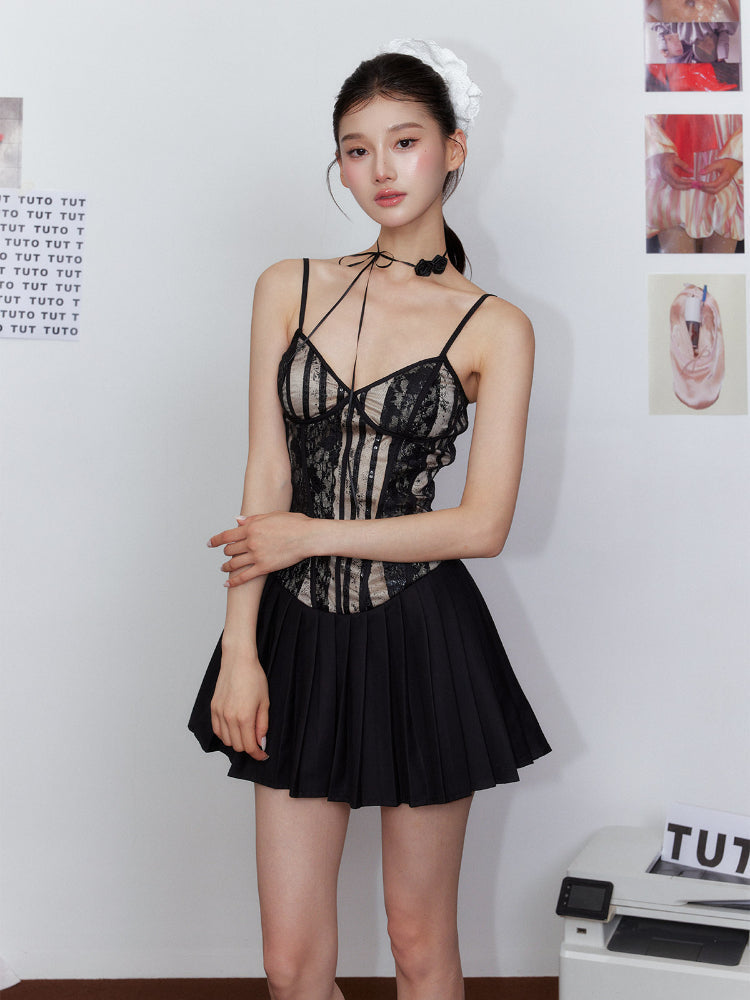 Pleated Lace Waist-Cinching Dress &amp; Coat Set