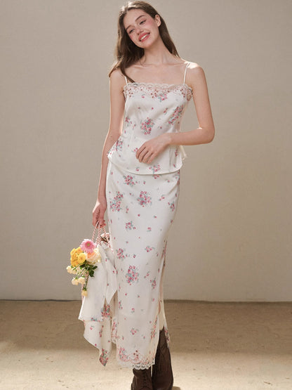 Cosagach Pearl Satin Embroidered Camisole &amp; Skirt Set