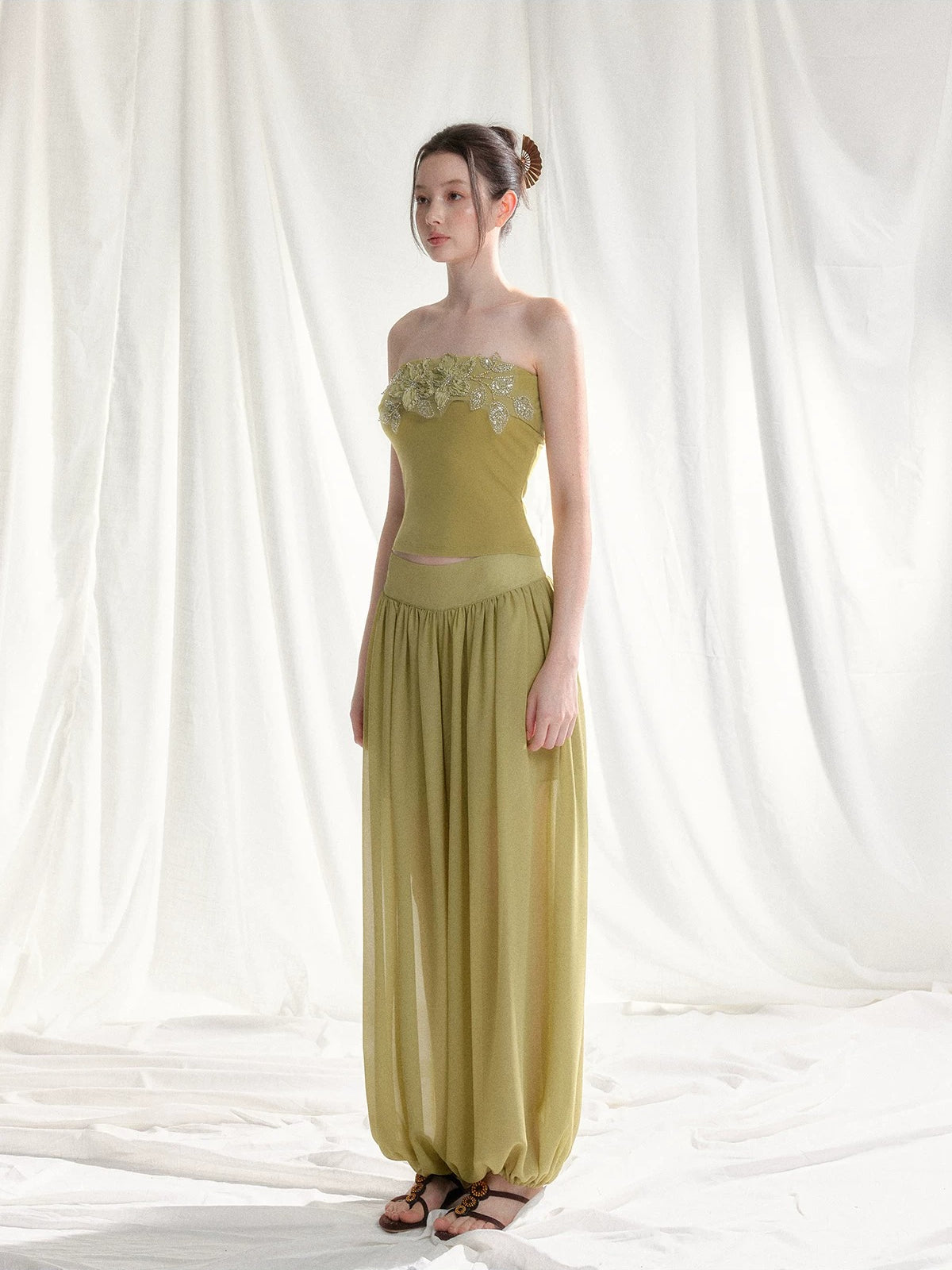 Floral Appliqué Bustier &amp; Mesh Pants Set