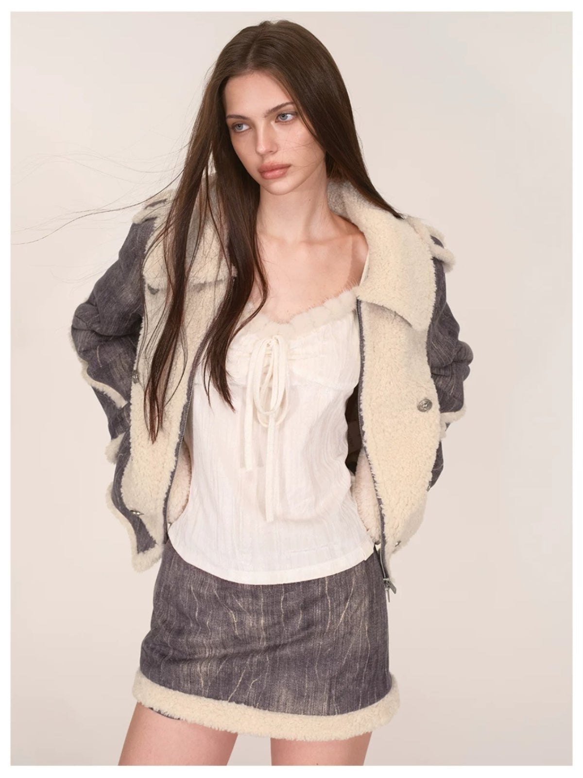 Velvet Fur-Trimmed Tie Front Camisole