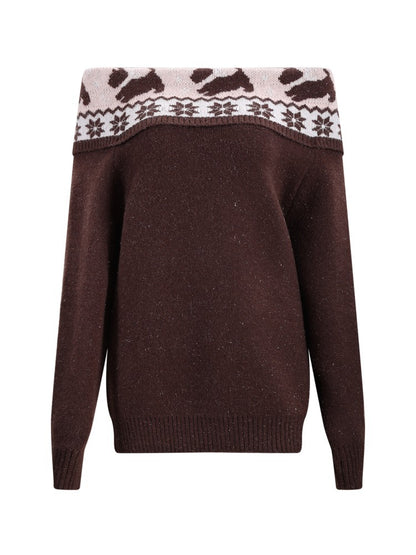 Brown Fair Isle Off-shoulder Sweater &amp; Skirt Set