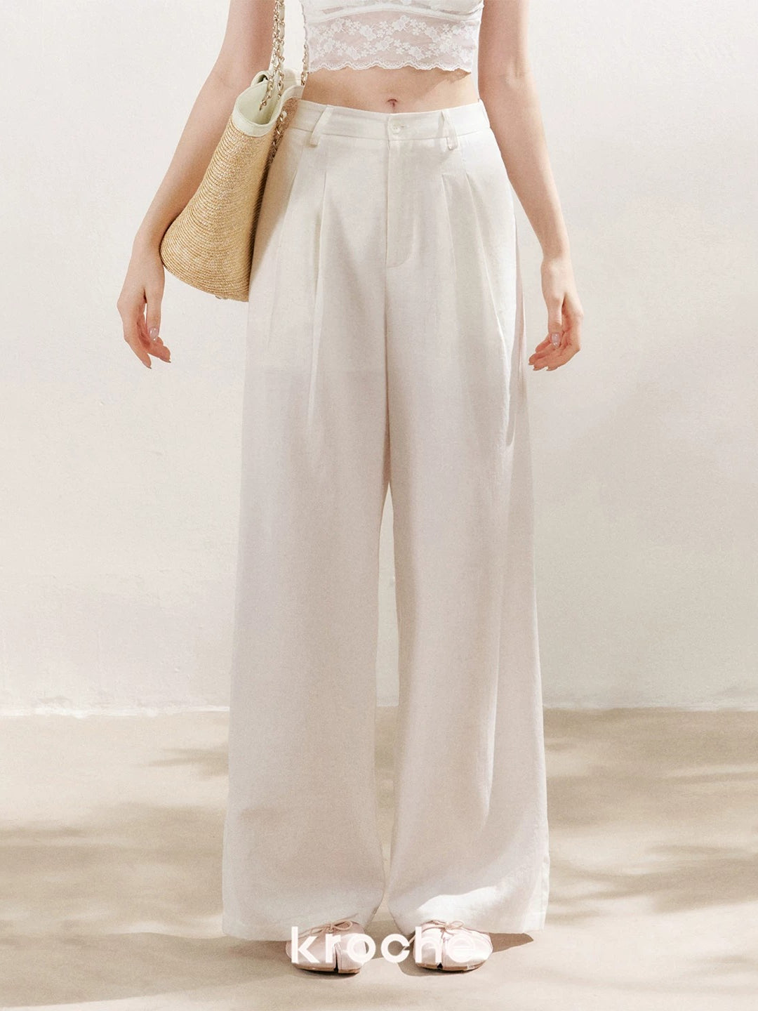 White Pleated Wide-Leg Pants