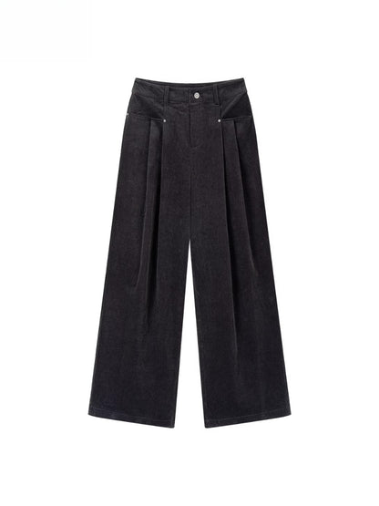 Dark Gray Pleated Corduroy Retro Casual Trousers