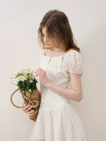 Apricot Floral Embroidered Puff Sleeve Dress