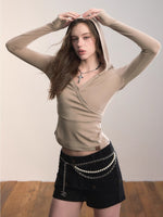 Cross Neck Hooded Slim-Fit Knit Top