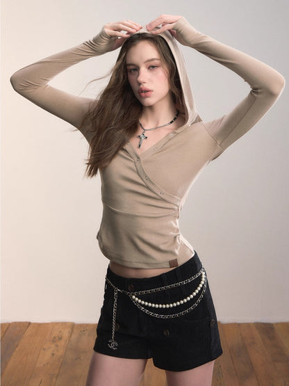 Cross Neck Hooded Slim-Fit Knit Top