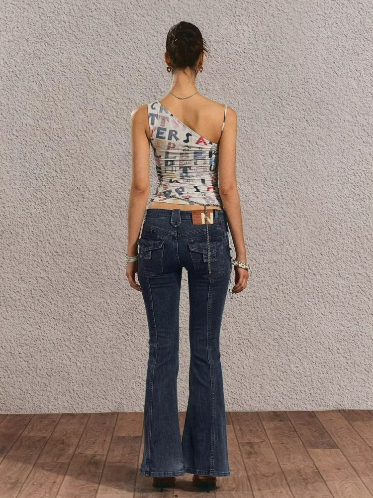 Vintage Print One-Shoulder Crop Top