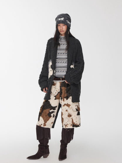 Pony Jacquard Horn-Button Chunky Cardigan