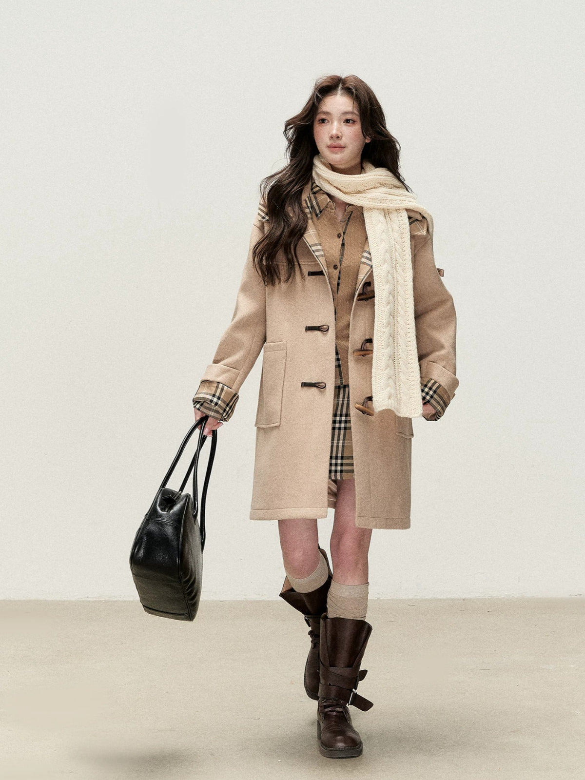 Plaid Hooded Wool Duffle Coat