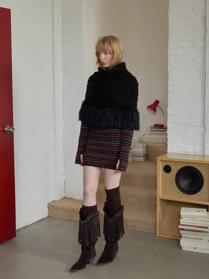 Cable Knit Fringed High-Neck Wool Blend Poncho