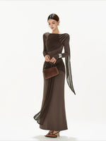Brown Ruched Knit Blouse & Skirt Set
