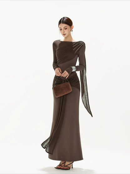 Brown Ruched Knit Blouse &amp; Skirt Set