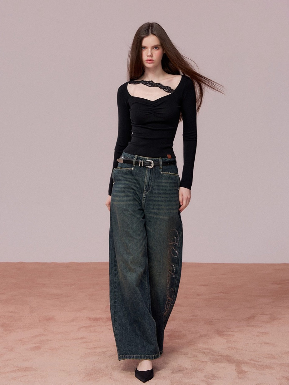 Retro Blue Studded Letter Wide-Leg Jeans