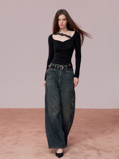 Retro Blue Studded Letter Wide-Leg Jeans