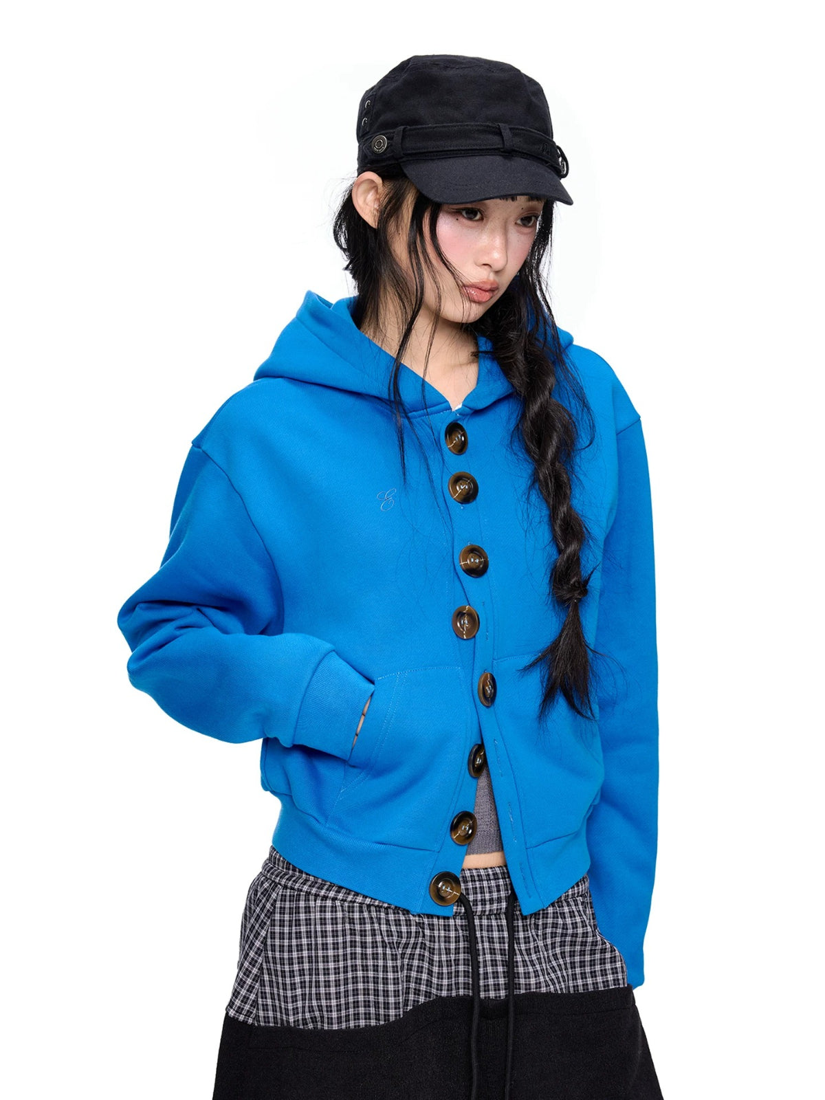 Button Embroidered Cropped Hoodie