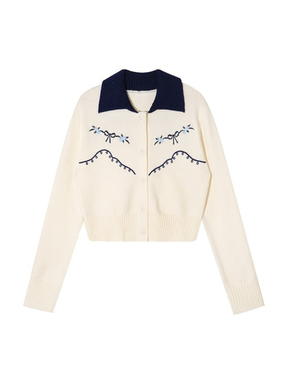 Contrast Collar Embroidered Knit Cardigan