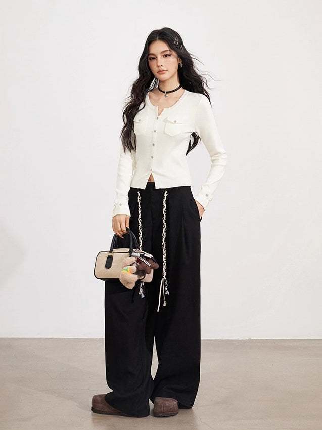 Black & Brown Belted Wool Wide-Leg Pants