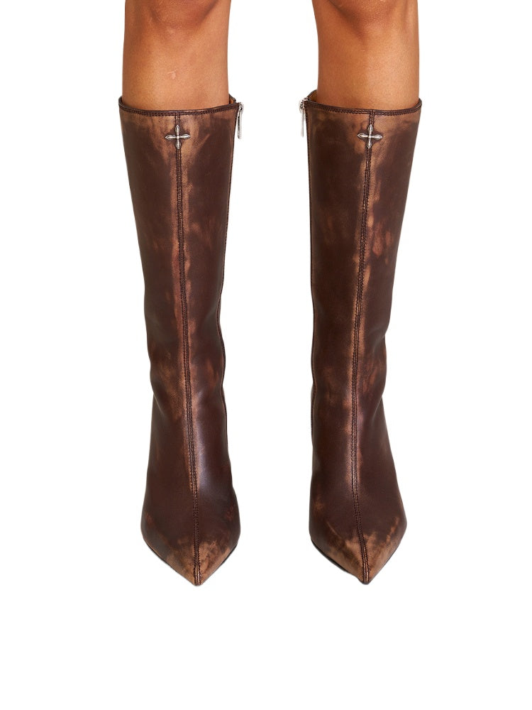 Compass Badge Sword Leather High Heel Boots Patina Wild Horse Brown Patina