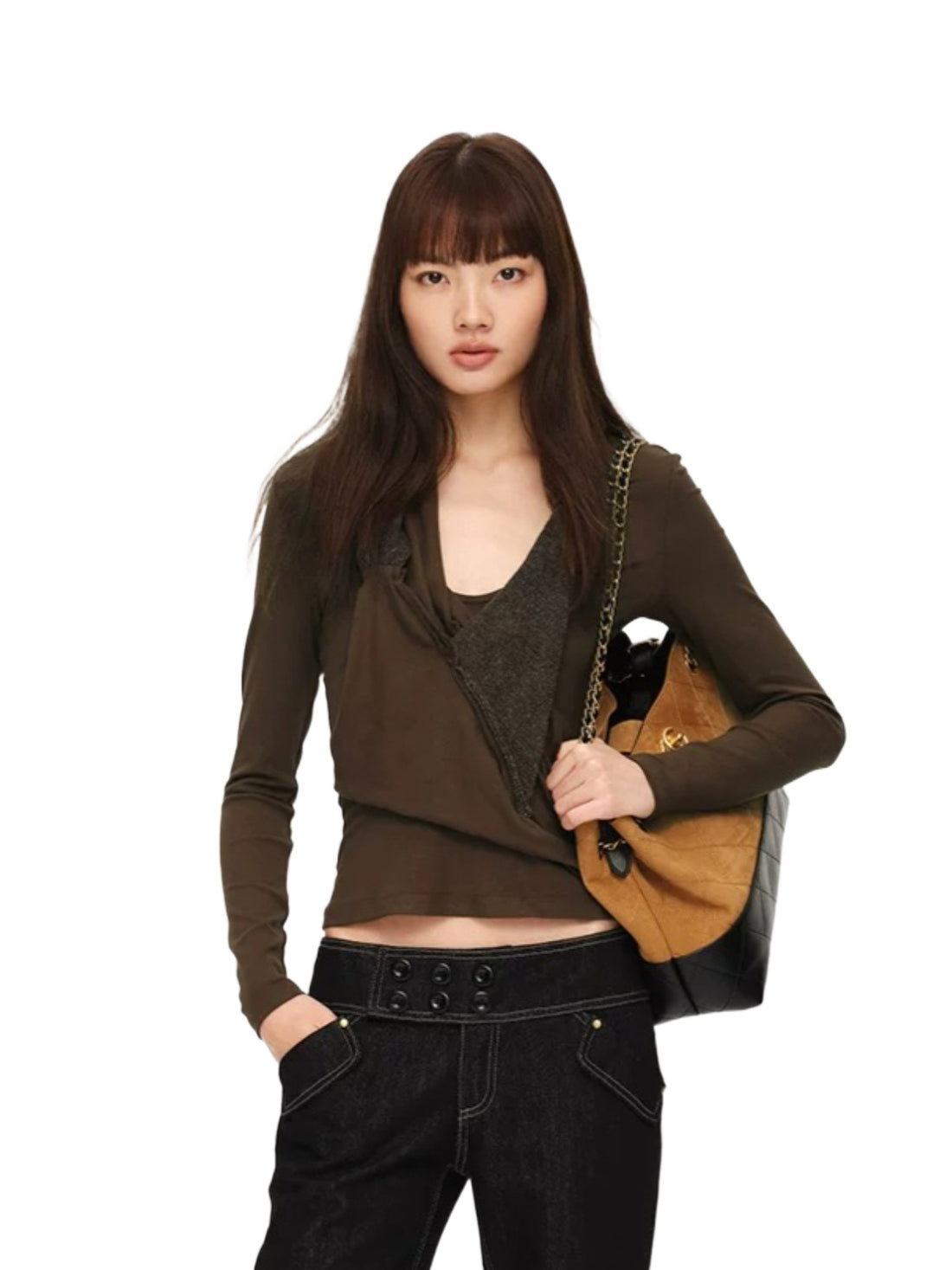 Brown Green Ruched Panel Top