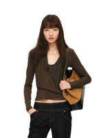 Brown Green Ruched Panel Top