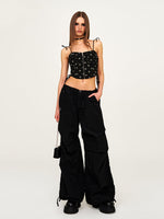 Drawstring Wide-Leg Cargo Workout Pants