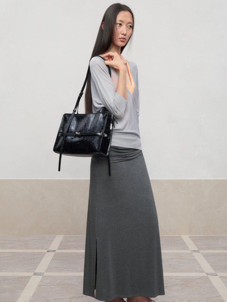 Lyocell Pleated Mid-Low Waist Midi Skirt