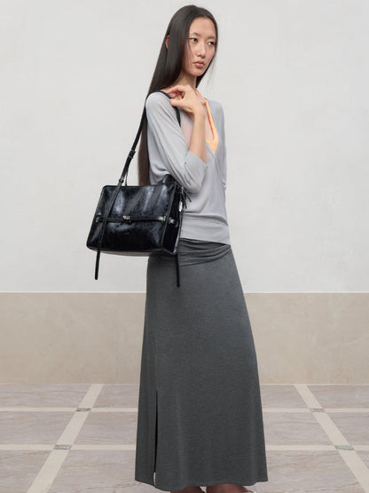 Lyocell Pleated Mid-Low Waist Midi Skirt