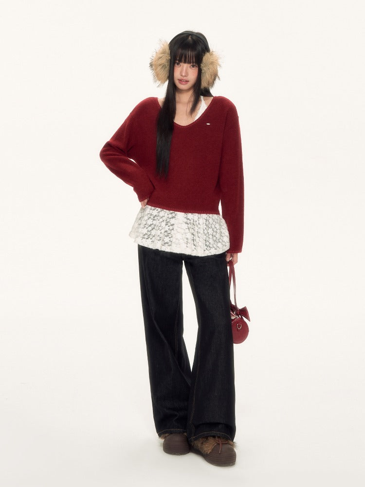 Red Lace Halter Knit 2-piece Set