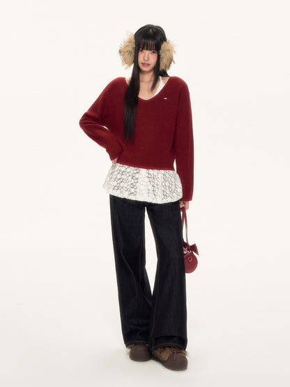 Red Lace Halter Knit 2-piece Set