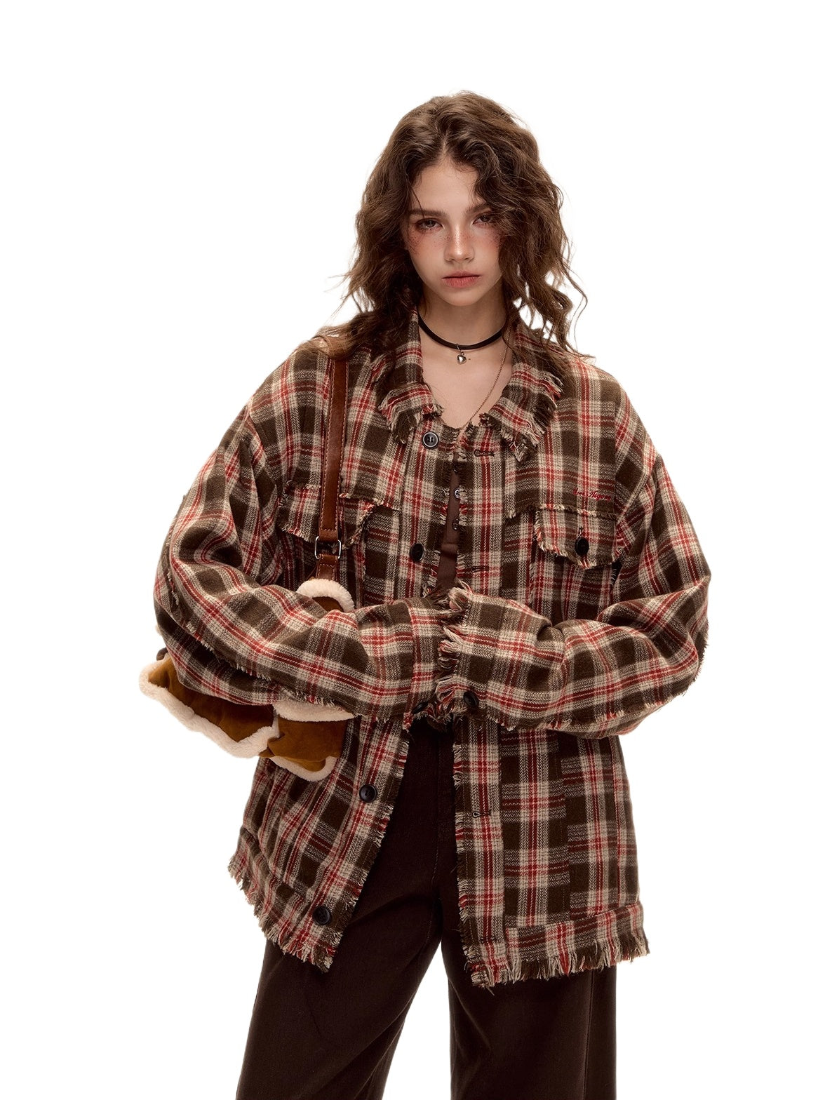 Checked Wool Blend Fringe Edge Shirt Jacket