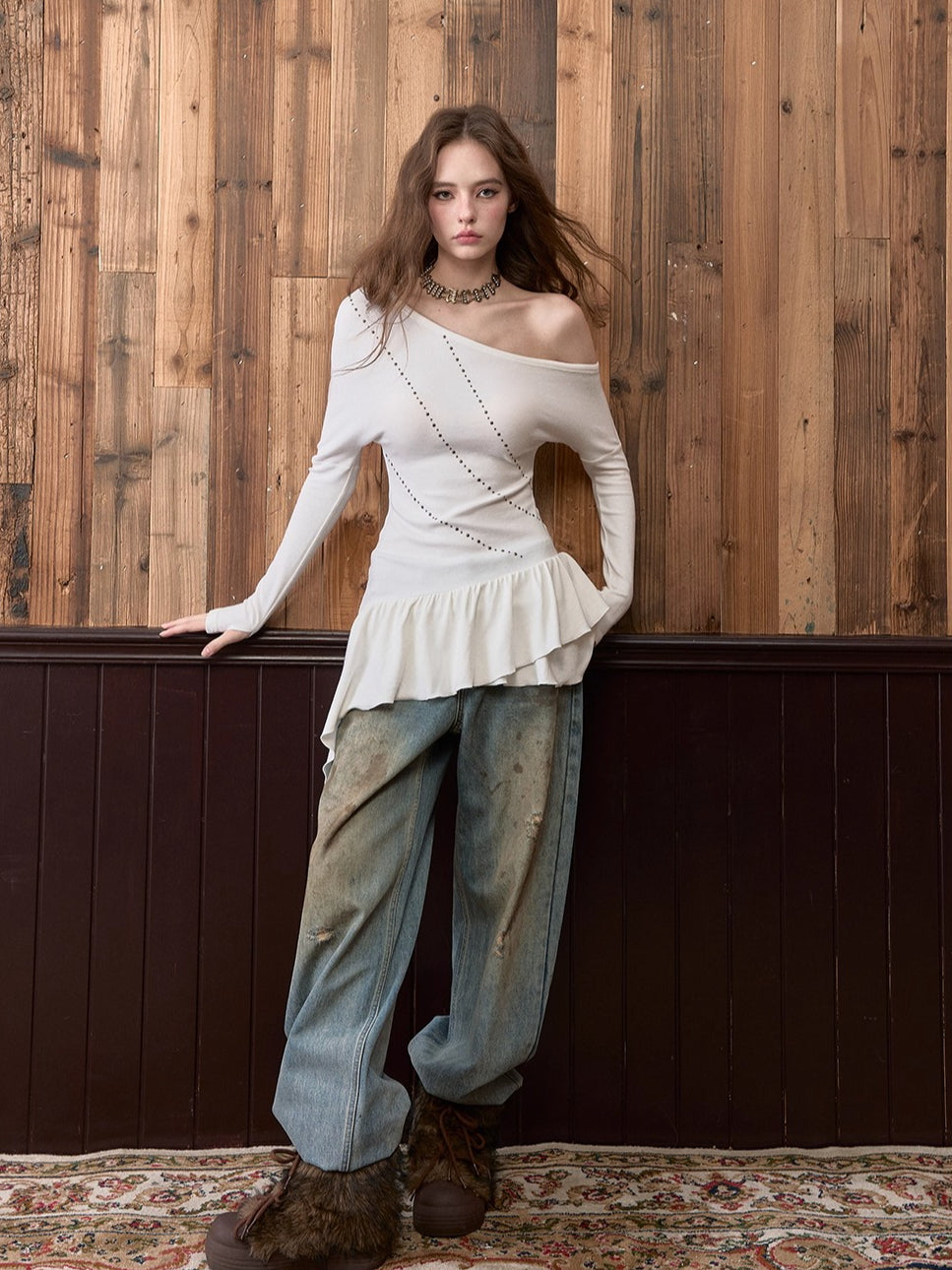 White Asymmetrical Studded T-shirt