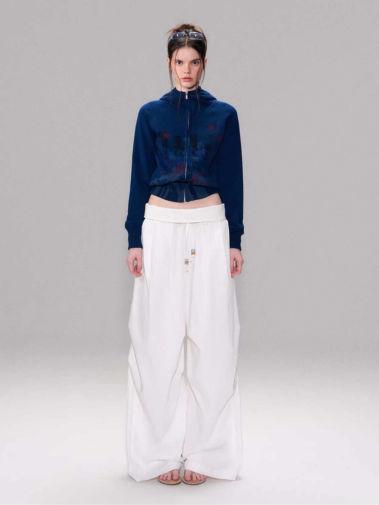 White Beaded Fold Waist Pants