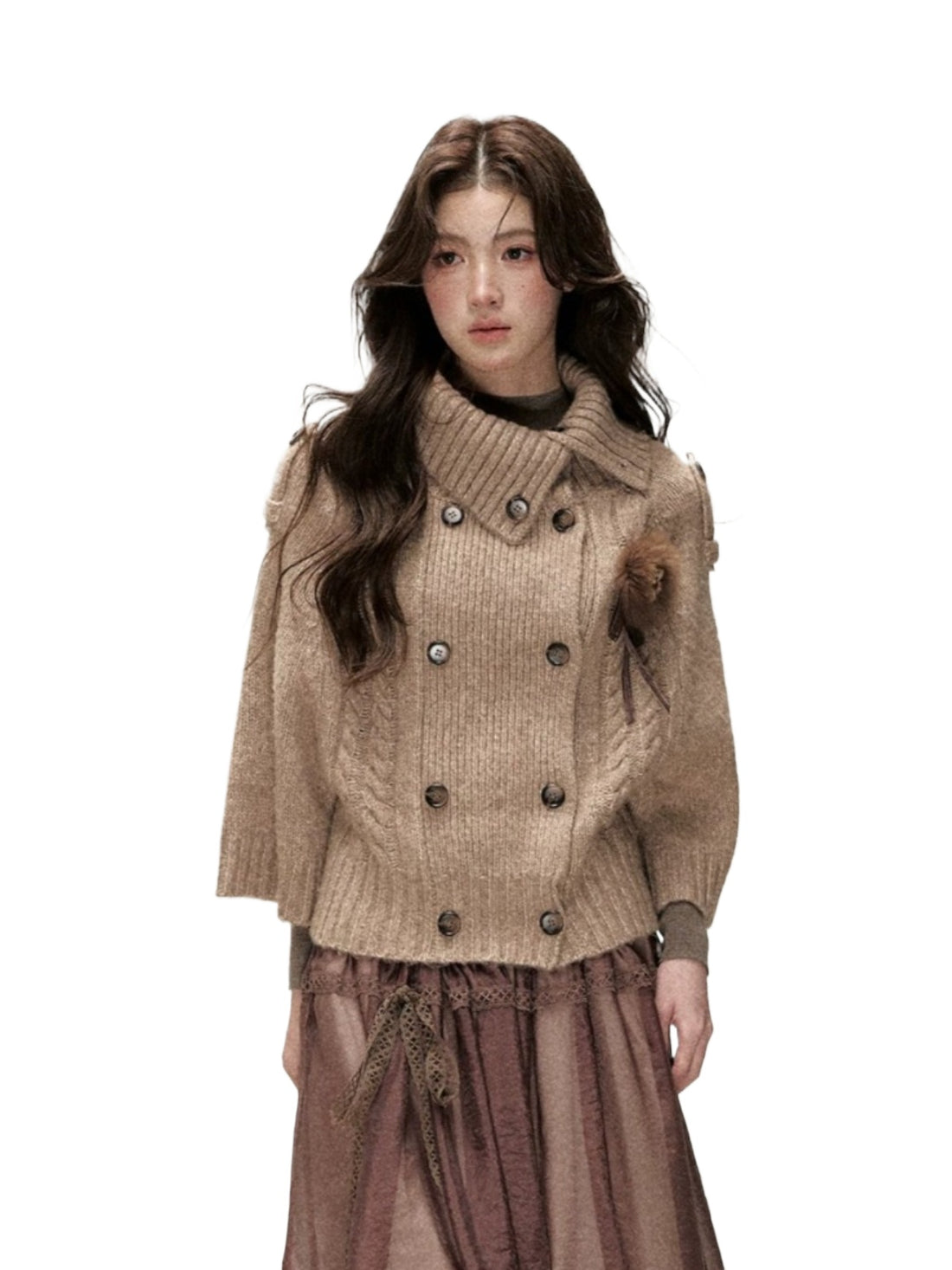 Double-Breasted Brooch Knit Cardigan