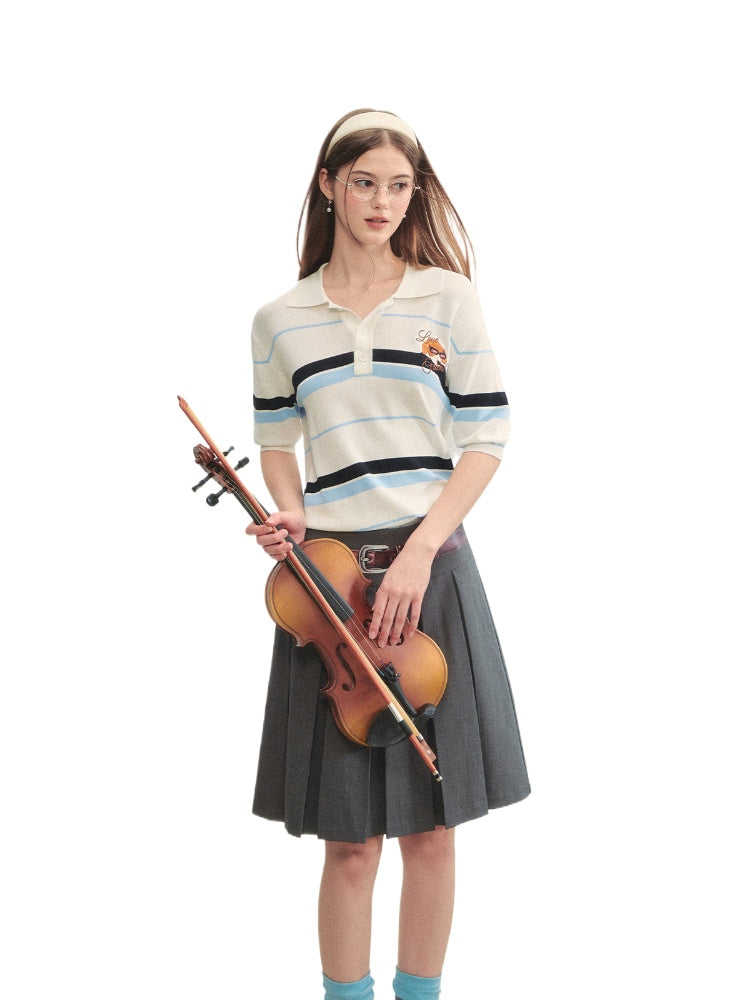 Embroidered Striped Knitted Short-sleeve Polo Shirt