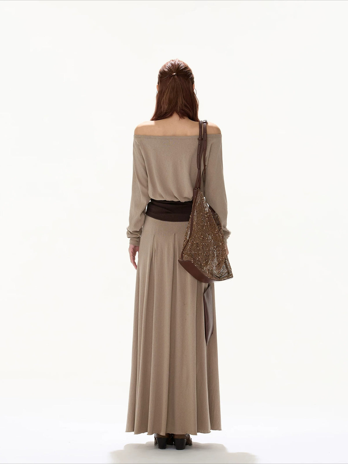 Khaki Off Shoulder Draped Top &amp; Skirt Set