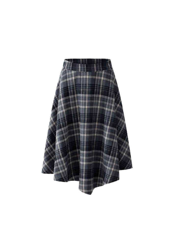 Navy Blue Plaid Wool Skirt