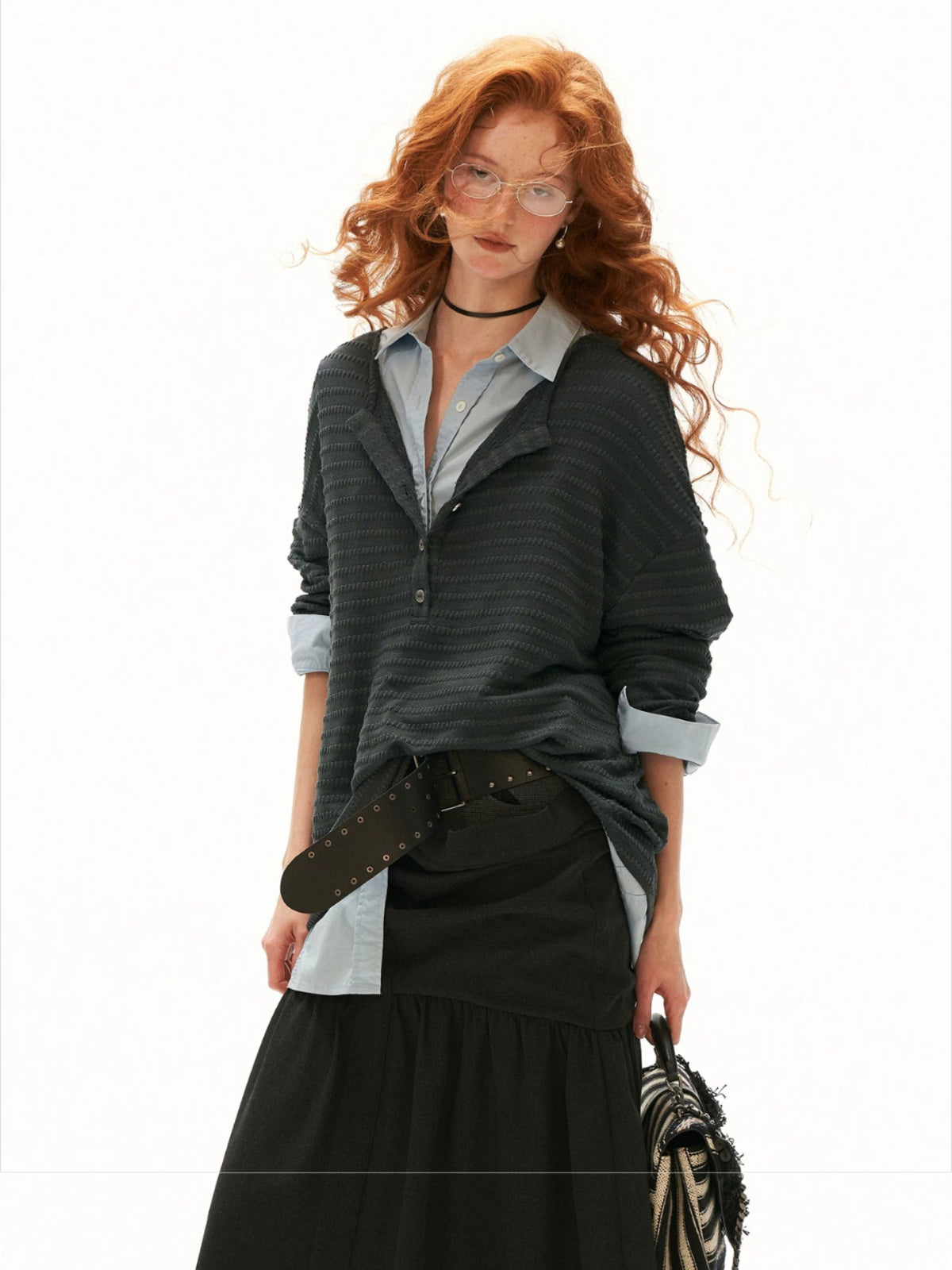 Textured Henry Neck Long Sleeve Top