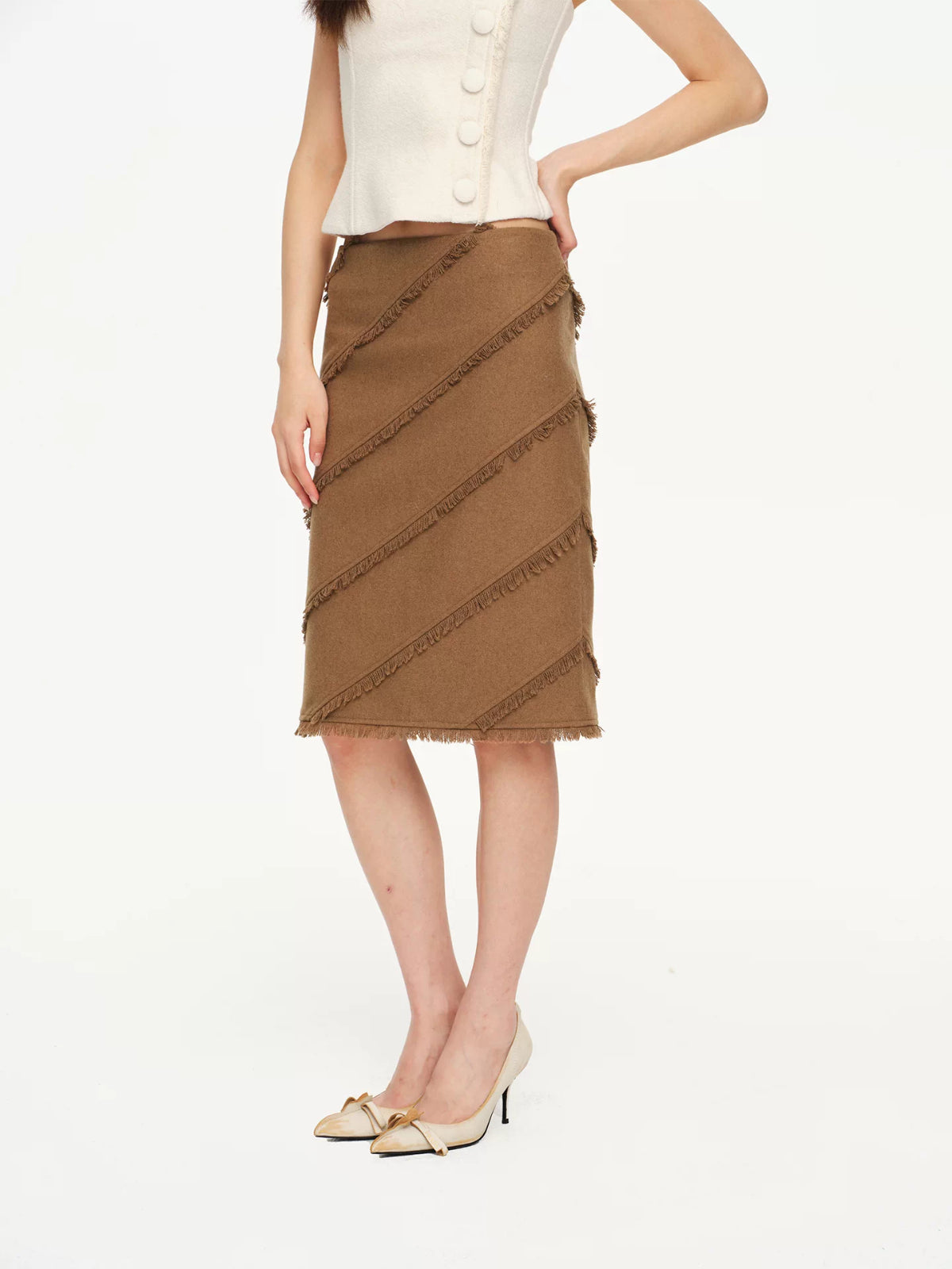 Asymmetric Fringed Wool Blend Skirt