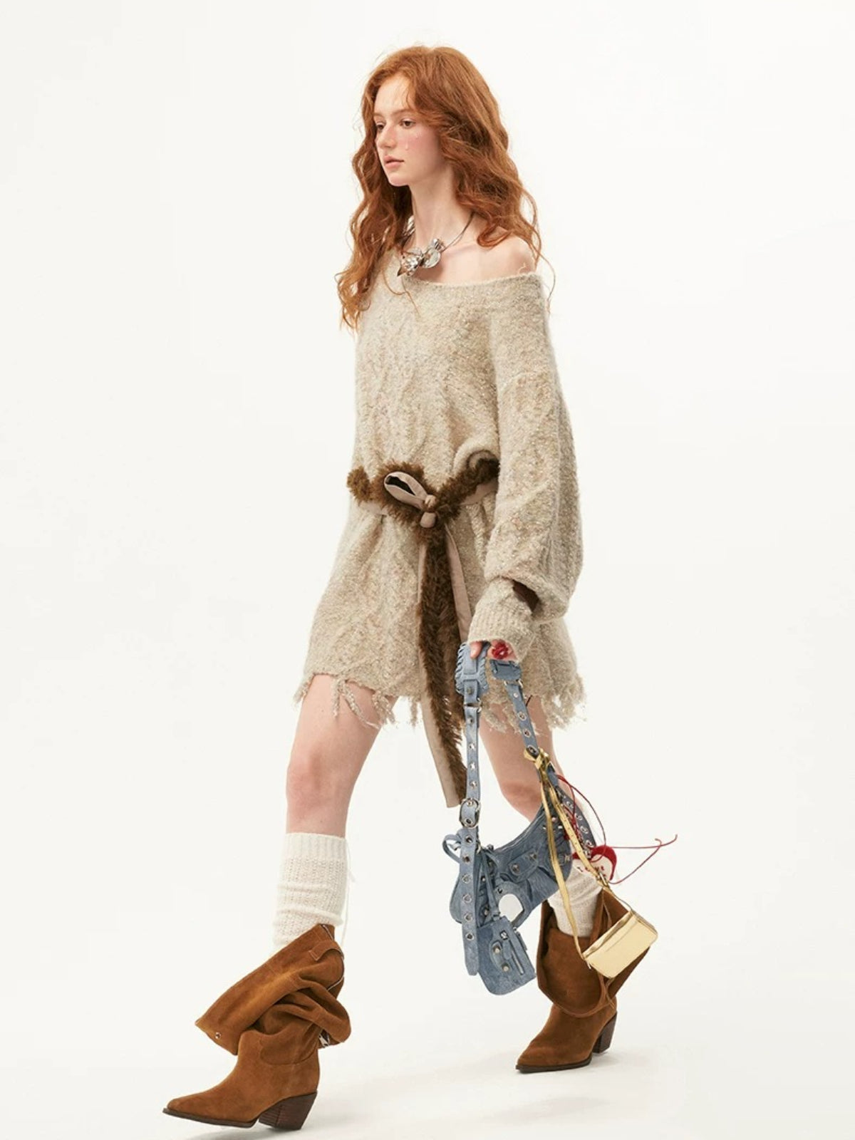 Off-Shoulder Fringe Knit Sweater