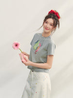 Printed Pearl-Decorated Short-Sleeve T-Shirt