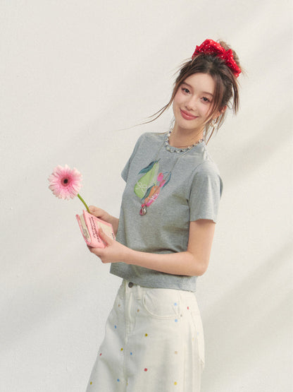 Printed Pearl-Decorated Short-Sleeve T-Shirt