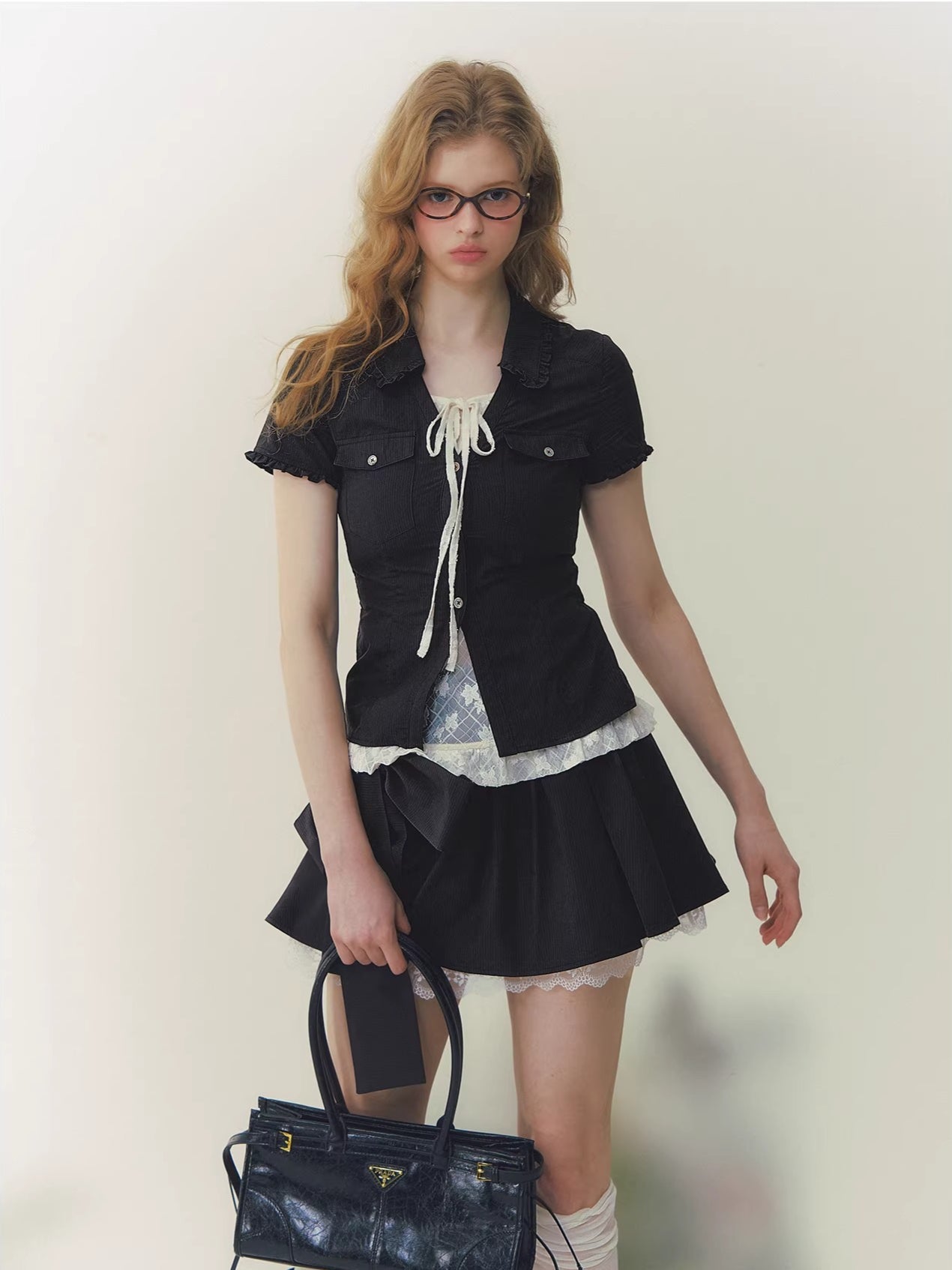 Black &amp; Pink Lace Panel Waist Shirt