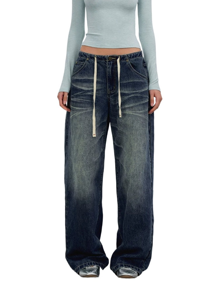 Ombré Whisker Drawstring Straight Jeans