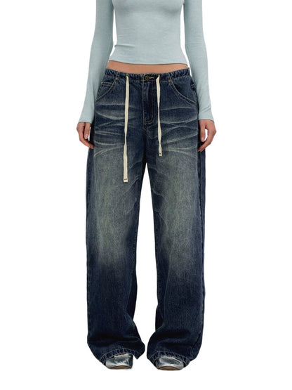Ombré Whisker Drawstring Straight Jeans