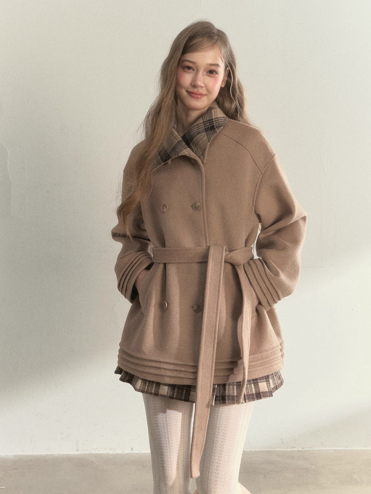 Plaid-Collar Double-Breasted Wool Coat
