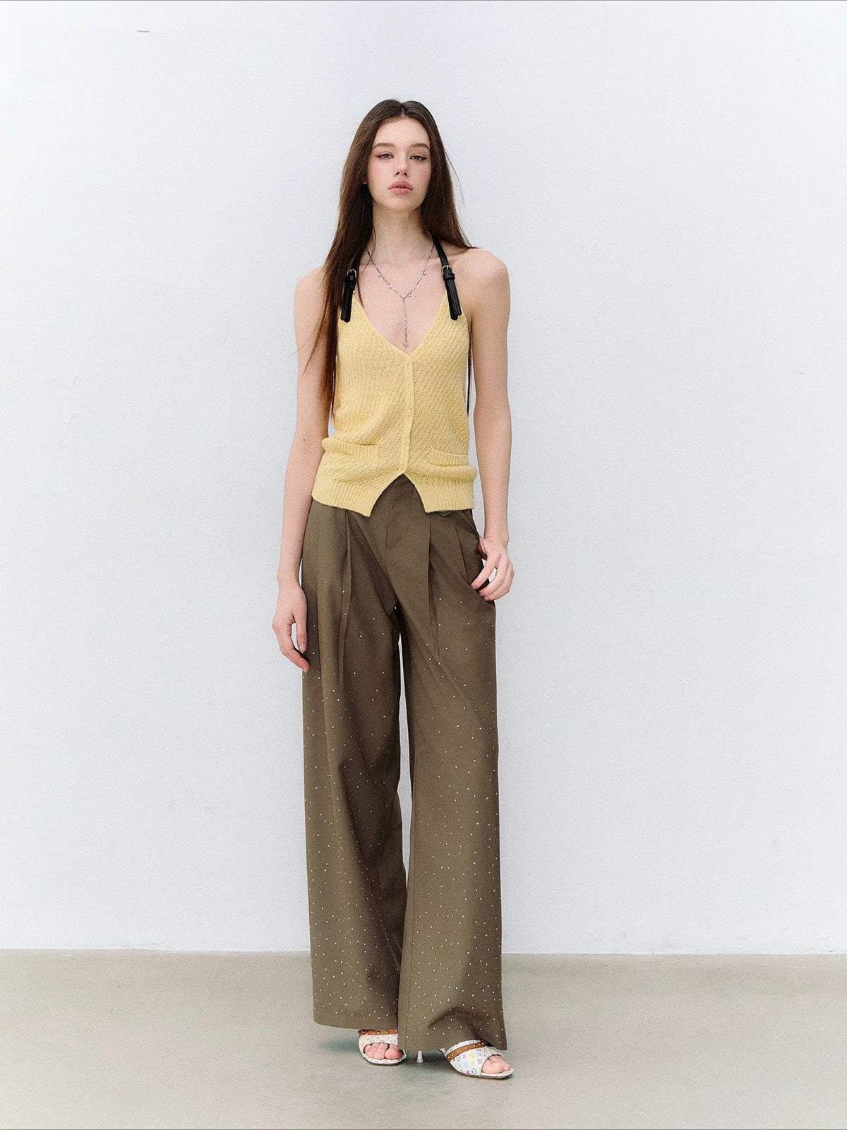 Gray &amp; Khaki Rhinestone Wide-Leg Pants