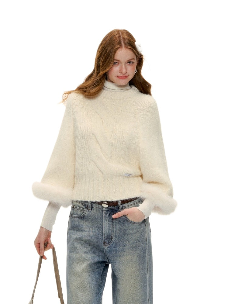 Wool-Blend Cable Knit Batwing Sweater Scarf Set